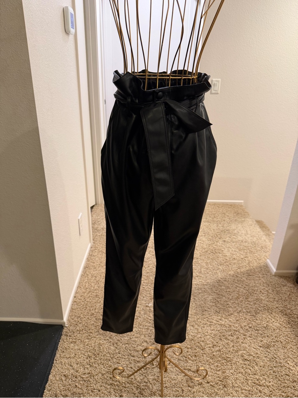 BB Dakota Black Faux-Leather Paperbag Waist Trousers with Tie